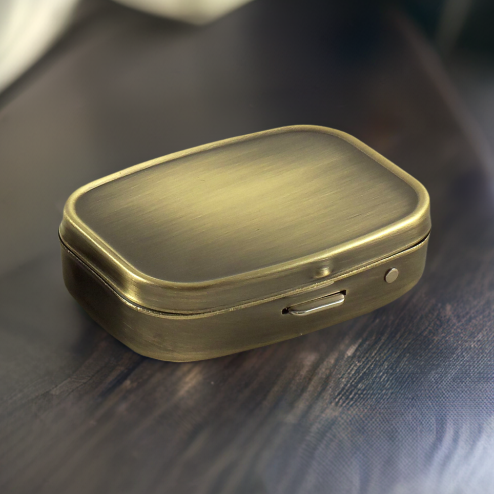 Classy Brass Metal Pill Box for Purse or Pocket - Travel Pill Case with Gift Box